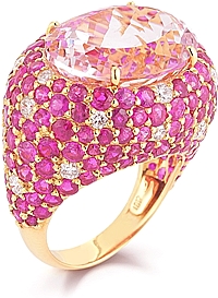 18k Yellow Gold Diamond, Ruby & Kunzite Ring