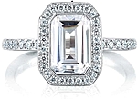 This image shows the setting with a 2.00ct emerald cut center diamond. The setting can be ordered to accommodate any shape/size diamond listed in the setting details section below.
