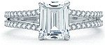 This image shows the setting with a 1.25ct emerald cut center diamond. The setting can be ordered to accommodate any shape/size diamond listed in the setting details section below.
