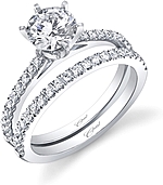 This image shows the setting made to fit a 1.00ct round brilliant cut center diamond. The setting can be ordered to accommodate any shape/size diamond listed in the setting details section below. Wedding band sold separately.