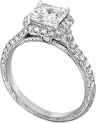 This image shows the setting with a 1.00ct princess cut center diamond. The setting can be ordered to accommodate any shape/size diamond listed in the setting details section below. The matching wedding band is sold separately.