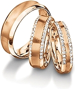 Shown here 18k rose gold in 7.0mm, 6.00mm with diamonds, and 4.5mm wide with diamonds; Each sold separately.