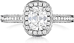 This image shows the setting with a 1.00ct cushion cut center diamond. The setting can be ordered to accommodate any shape/size diamond listed in the setting details section below.	