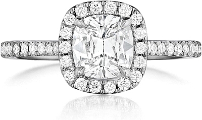 This image shows the setting with a 1.00ct cushion cut center diamond. The setting can be ordered to accommodate any shape/size diamond listed in the setting details section below.
