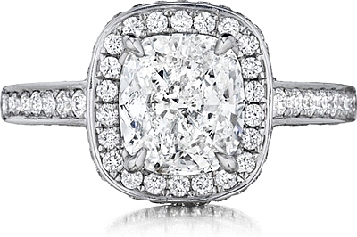 This image shows the setting with a 1.75ct cushion cut center diamond. The setting can be ordered to accommodate any shape/size diamond listed in the setting details section below.