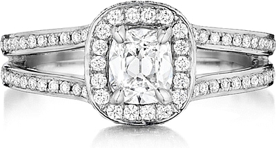 This image shows the setting with a .50ct cushion cut center diamond. The setting can be ordered to accommodate any shape/size diamond listed in the setting details section below.
