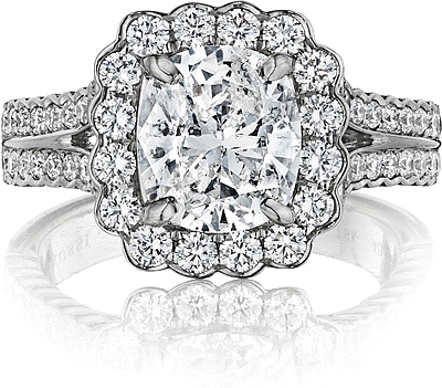 This image shows the setting with a 2.40ct cushion cut center diamond. The setting can be ordered to accommodate any shape/size diamond listed in the setting details section below.