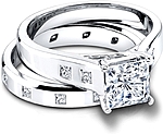 This image shows the setting with a 1.00ct princess cut center diamond. The setting can be ordered to accommodate any shape/size diamond listed in the setting details section below.  Shown with the matching wedding band; Sold separately.
