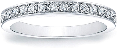 This classic wedding band features round brilliant diamonds paveset half