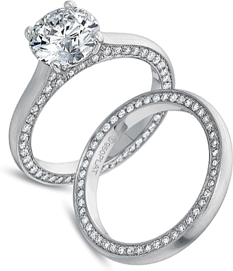 This image shows the setting with a round center diamond. The setting can be ordered to accommodate any shape/size diamond listed in the setting details section below. The matching wedding band is sold separately. 