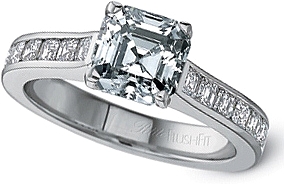 This image shows the setting with an asscher center diamond. The setting can be ordered to accommodate any shape/size diamond listed in the setting details section below. 
