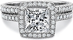 This image shows the setting with a 1.50ct princess cut center diamond. The setting can be ordered to accommodate any shape/size diamond listed in the setting details section below. Shown with the matching wedding band; Sold separately. 