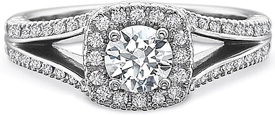 This image shows the setting with a .50ct round brilliant cut center diamond. The setting can be ordered to accommodate any shape/size diamond listed in the setting details section below.
