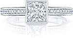 This image shows the setting with a .85ct princess cut center diamond. The setting can be ordered to accommodate any shape/size diamond listed in the setting details section below.