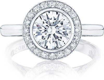 This image shows the setting with a 2.50ct round cut center diamond. The setting can be ordered to accommodate any shape/size diamond listed in the setting details section below.