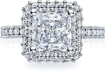 This image shows the setting with a 2.50ct princess cut center diamond. The setting can be ordered to accommodate any shape/size diamond listed in the setting details section below.