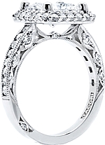 This image shows the setting with a 1.75ct princess cut center diamond. The setting can be ordered to accommodate any shape/size diamond listed in the setting details section below.