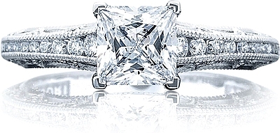 This image shows the ring with a .75ct princess cut center diamond but can be ordered to accommodate any shape or size diamond listed below.
