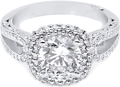 This image shows the setting with a 2.25ct cushion cut center diamond. The setting can be ordered to accommodate any shape/size diamond listed in the setting details section below.