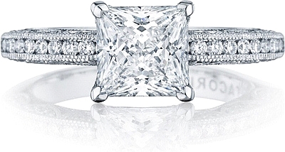 This image shows the setting with a 2.00ct princess cut center diamond. The setting can be ordered to accommodate any shape/size diamond listed in the setting details section below.