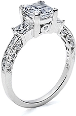 This image shows the setting with a 1.25ct princess cut center diamond. The setting can be ordered to accommodate any shape/size diamond listed in the setting details section below.