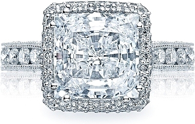 This image shows the setting with a 3.50ct princess cut center diamond. The setting can be ordered to accommodate any shape/size diamond listed in the setting details section below.