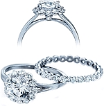 This image shows the setting with a 1ct round brilliant cut center diamond. The setting can be ordered to accommodate any shape/size diamond listed in the setting details section below. The matching wedding band is sold separately.