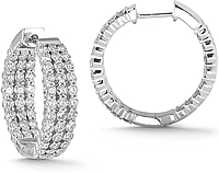 14K White Gold 3.00ct Triple Row Diamond Hoop Earrings