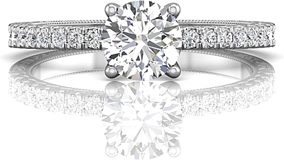This image shows the setting with a 1.00ct round brilliant cut center diamond. The setting can be ordered to accommodate any shape/size diamond listed in the setting details section below.
