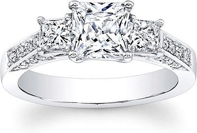 This image shows the setting with a 1.00ct princess cut center diamond. The setting can be ordered to accommodate any shape/size diamond listed in the setting details section below.
