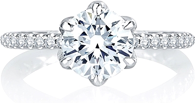 This image shows the setting with a 1.25ct round brilliant cut center diamond. The setting can be ordered to accommodate any shape/size diamond listed in the setting details section below.