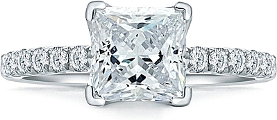 This image shows the setting with a 1.50 ct princess cut center diamond. The setting can be ordered to accommodate any shape/size diamond listed in the setting details section below.