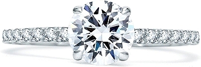 This image shows the setting with a 1.00ct round brilliant cut center diamond. The setting can be ordered to accommodate any shape/size diamond listed in the setting details section below.
