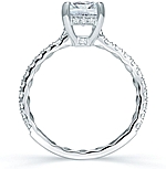 This image shows the setting with a 1.50ct emerald cut center diamond. The setting can be ordered to accommodate any shape/size diamond listed in the setting details section below.
