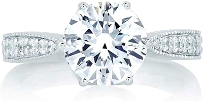 This image shows the setting with a 2.00ct round brilliant cut center diamond. The setting can be ordered to accommodate any shape/size diamond listed in the setting details section below.
