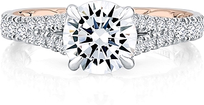 This image shows the setting with a .75ct round cut center diamond. The setting can be ordered to accommodate any shape/size diamond listed in the setting details section below.
