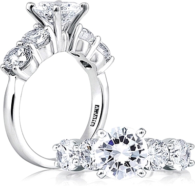 This image shows the setting with a 1.00ct round brilliant cut center diamond. The setting can be ordered to accommodate any shape/size diamond listed in the setting details section below.
