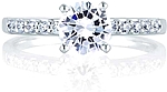 This image shows the setting with a 1.00ct round brilliant cut center diamond. The setting can be ordered to accommodate any shape/size diamond listed in the setting details section below.
