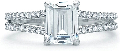 This image shows the setting with a 1.25ct emerald cut center diamond. The setting can be ordered to accommodate any shape/size diamond listed in the setting details section below.
