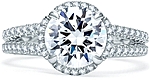 This image shows the setting with a 2.00ct round brilliant cut center diamond. The setting can be ordered to accommodate any shape/size diamond listed in the setting details section below.
