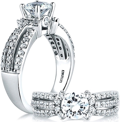This image shows the setting with a 1.00ct round brilliant cut center diamond. The setting can be ordered to accommodate any shape/size diamond listed in the setting details section below.
