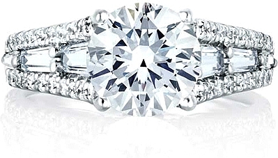 This image shows the setting with a 2.5ct round brilliant cut center diamond. The setting can be ordered to accommodate any shape/size diamond listed in the setting details section below.
