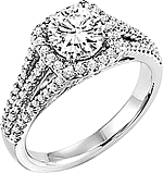 This image shows the setting with a 1.00ct round brilliant cut center diamond. The setting can be ordered to accommodate any shape/size diamond listed in the setting details section below.
