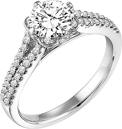 This image shows the setting with a 1.00ct round brilliant cut center diamond. The setting can be ordered to accommodate any shape/size diamond listed in the setting details section below.
