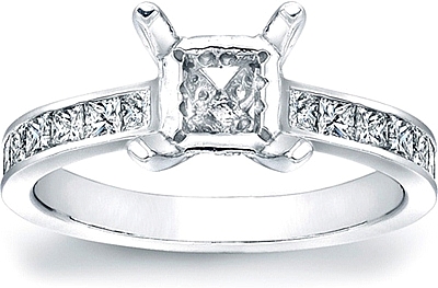 This image shows the setting with a basket made to hold a 1.00ct princess cut center diamond. The setting can be ordered to accommodate any shape/size diamond listed in the setting details section below.