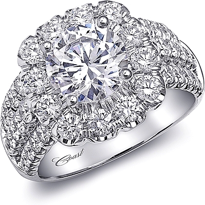 This image shows the setting with a 2.00ct round brilliant cut center diamond. The setting can be ordered to accommodate any shape/size diamond listed in the setting details section below.