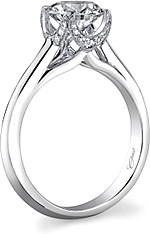 This image shows the setting with a 1.00ct round brilliant cut center diamond. The setting can be ordered to accommodate any shape/size diamond listed in the setting details section below.

