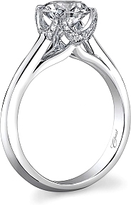 This image shows the setting with a 1.00ct round brilliant cut center diamond. The setting can be ordered to accommodate any shape/size diamond listed in the setting details section below.
