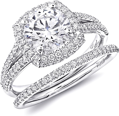 This image shows the setting with a 1.50ct round brilliant cut center diamond. The setting can be ordered to accommodate any shape/size diamond listed in the setting details section below.