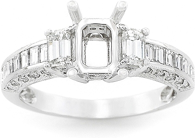This image shows the setting with a basket made for a 1.75ct emerald cut diamond. The setting can be ordered to accomodate any shape/size diamond listed on the setting details section below. 
